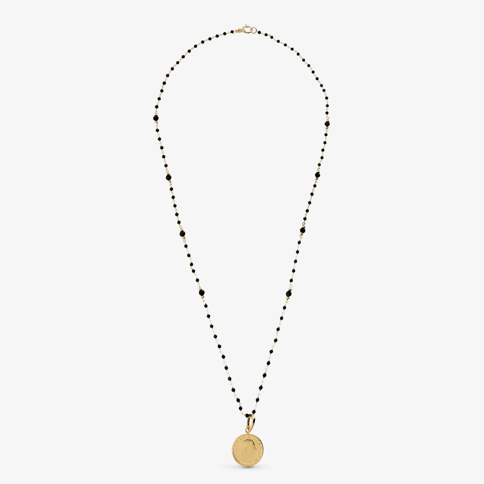 Collana Rosario in Argento 925 placcato Oro Giallo 18Kt con Spinelli Neri e Moneta 200 Lire