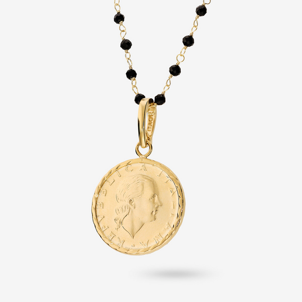 Collana Rosario in Argento 925 placcato Oro Giallo 18Kt con Spinelli Neri e Moneta 200 Lire