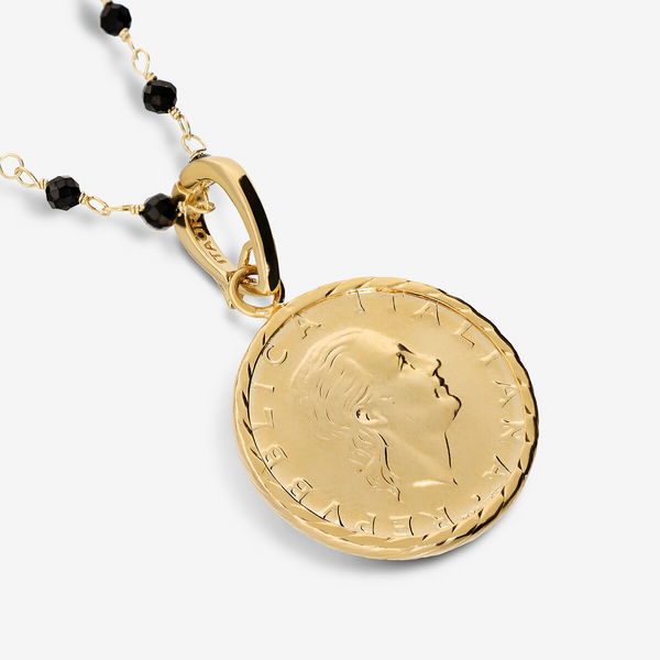 Collana Rosario in Argento 925 placcato Oro Giallo 18Kt con Spinelli Neri e Moneta 200 Lire