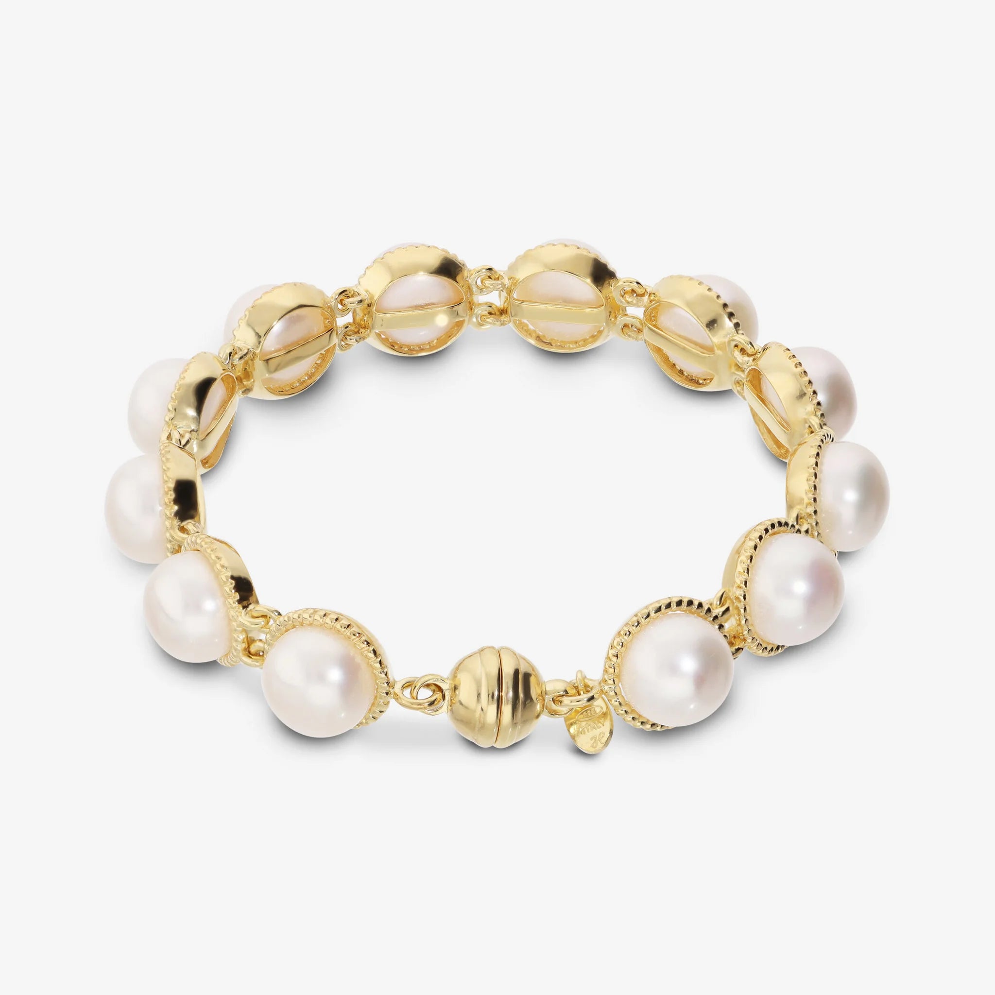 Tennis Bracelet of Freshwater White Button Pearls Ø 9/9.5 mm in 925 Silver plated with 18Kt Yellow Gold