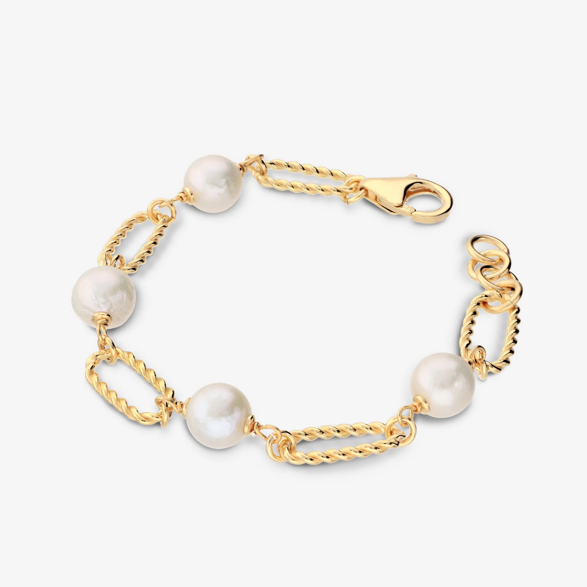 Bracciale in Argento 925 placcato Oro Giallo 18Kt con Maglie Ritorte e Perle Ming Bianche d'Acqua Dolce Ø 8/9 mm