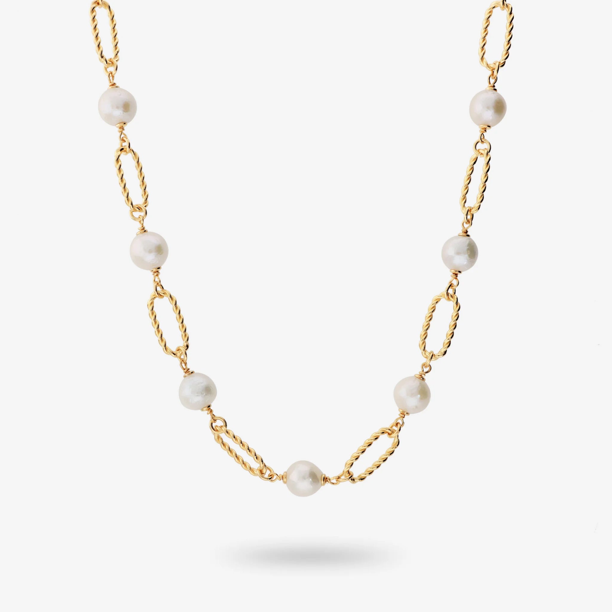 Collana in Argento 925 placcato Oro Giallo 18Kt con Maglie Ritorte e Perle Ming Bianche d'Acqua Dolce Ø 8/9 mm