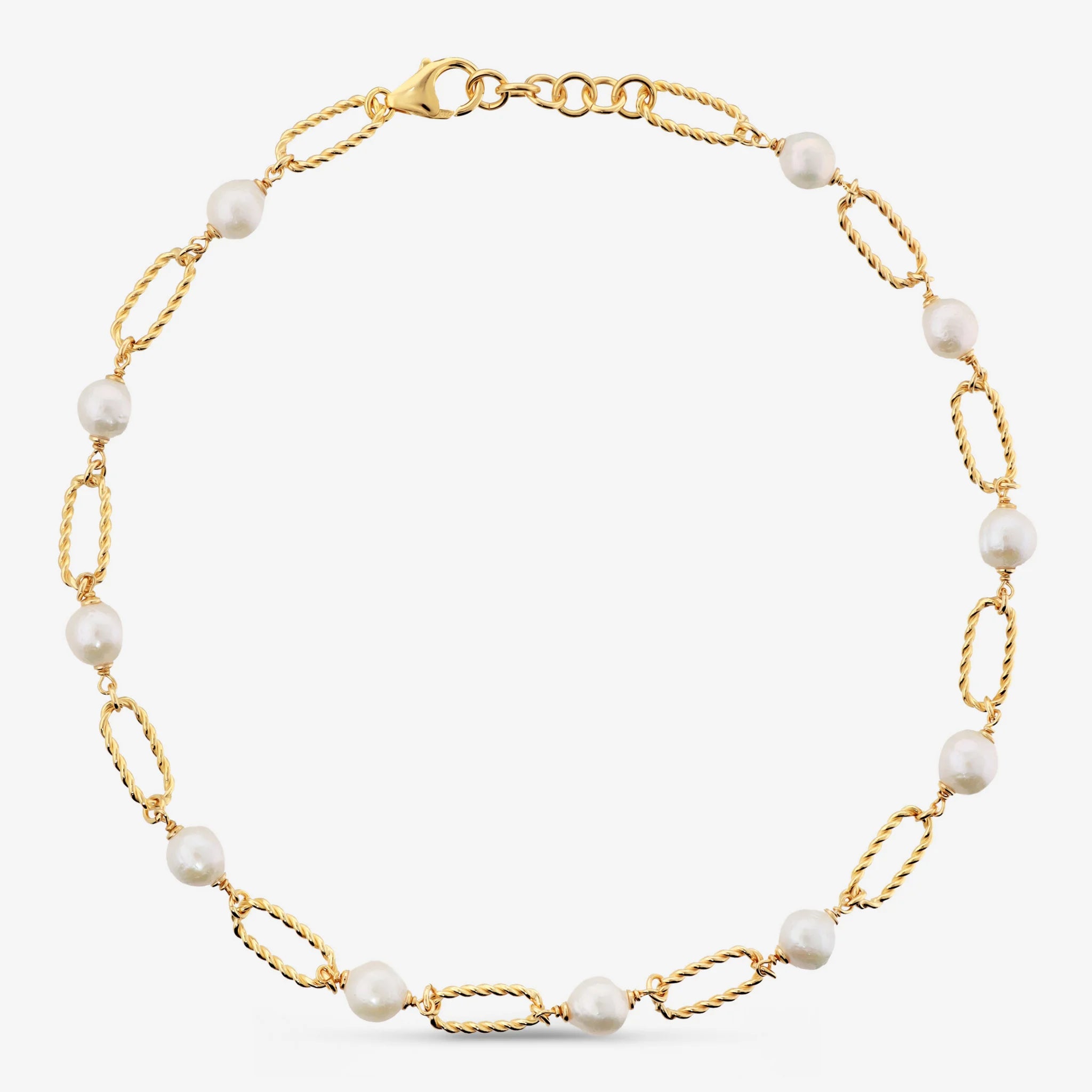 Collana in Argento 925 placcato Oro Giallo 18Kt con Maglie Ritorte e Perle Ming Bianche d'Acqua Dolce Ø 8/9 mm