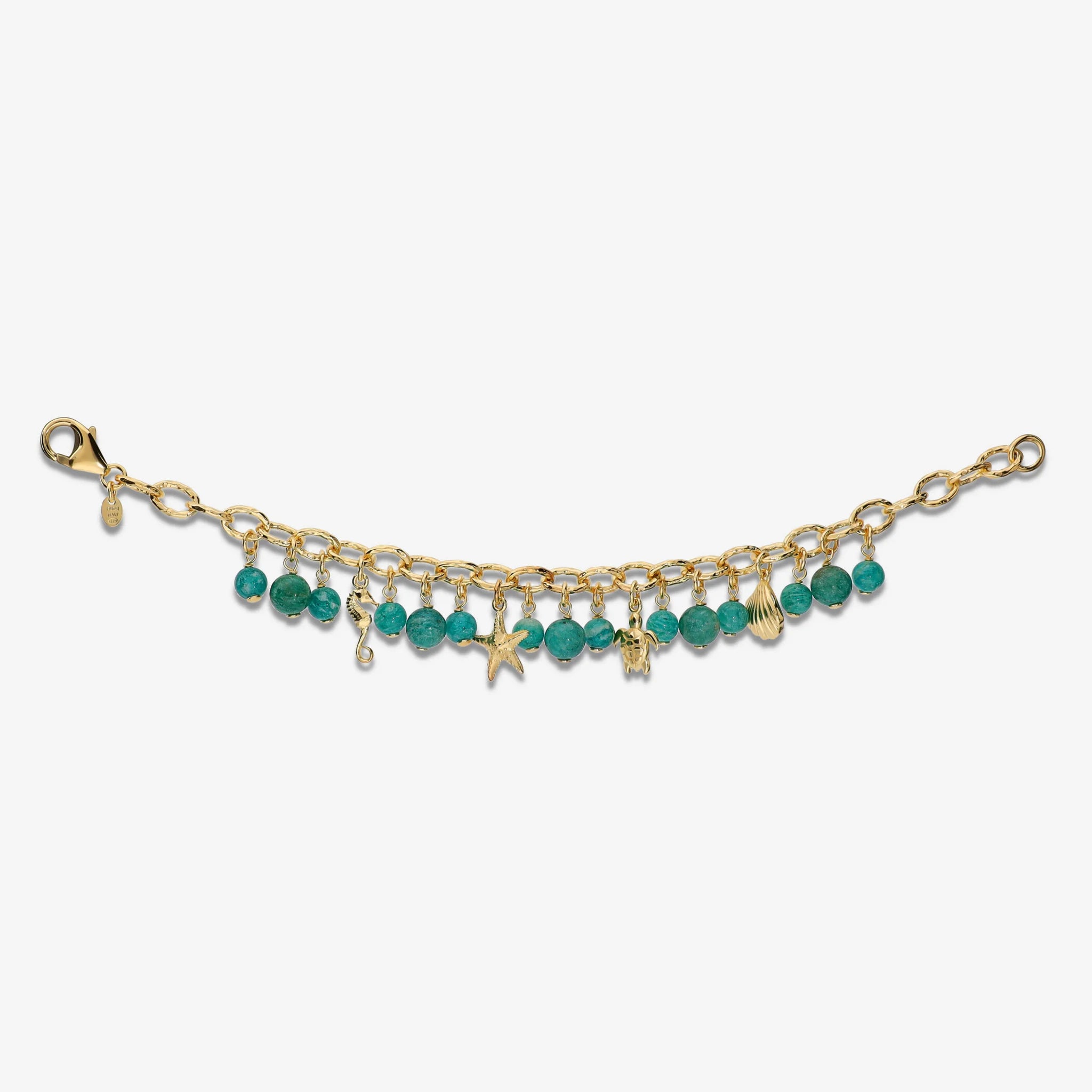 Bracciale in Argento 925 placcato Oro Giallo 18Kt con Charms a Tema Marino e Amazonite