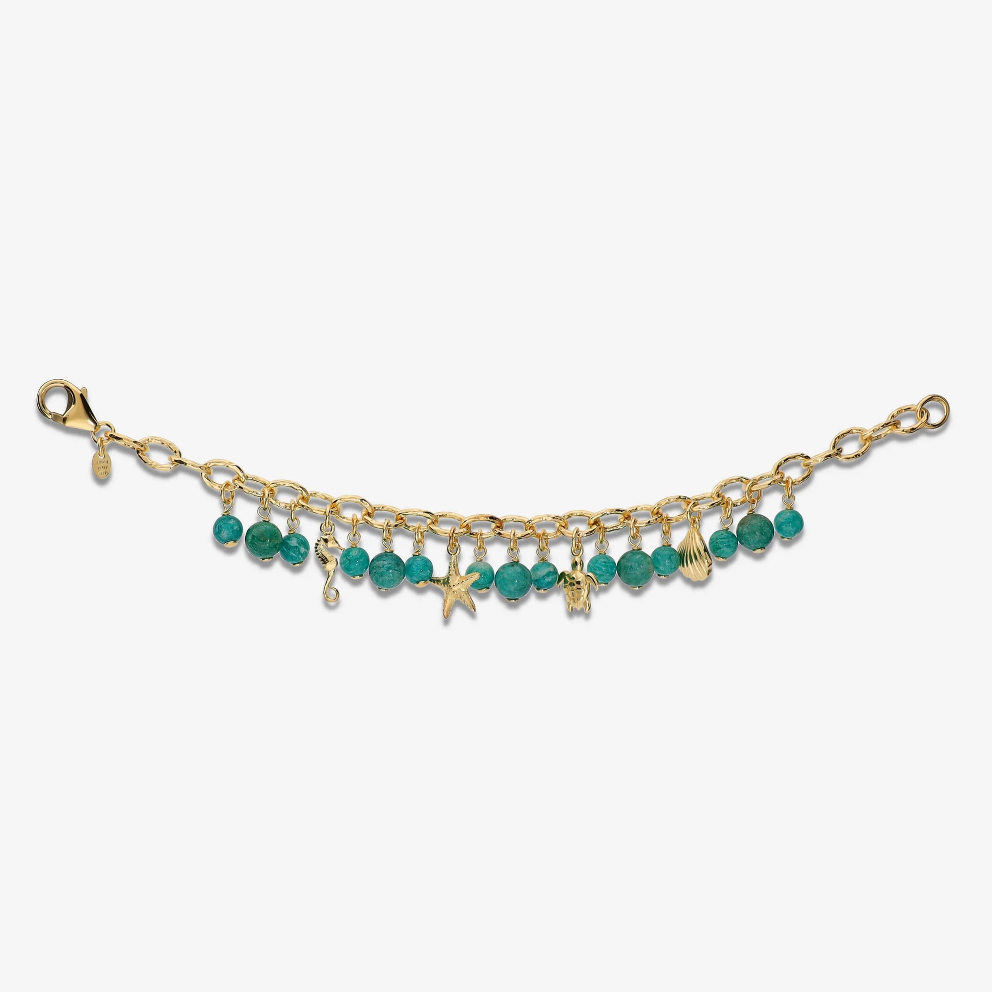 Bracciale in Argento 925 placcato Oro Giallo 18Kt con Charms a Tema Marino e Amazonite