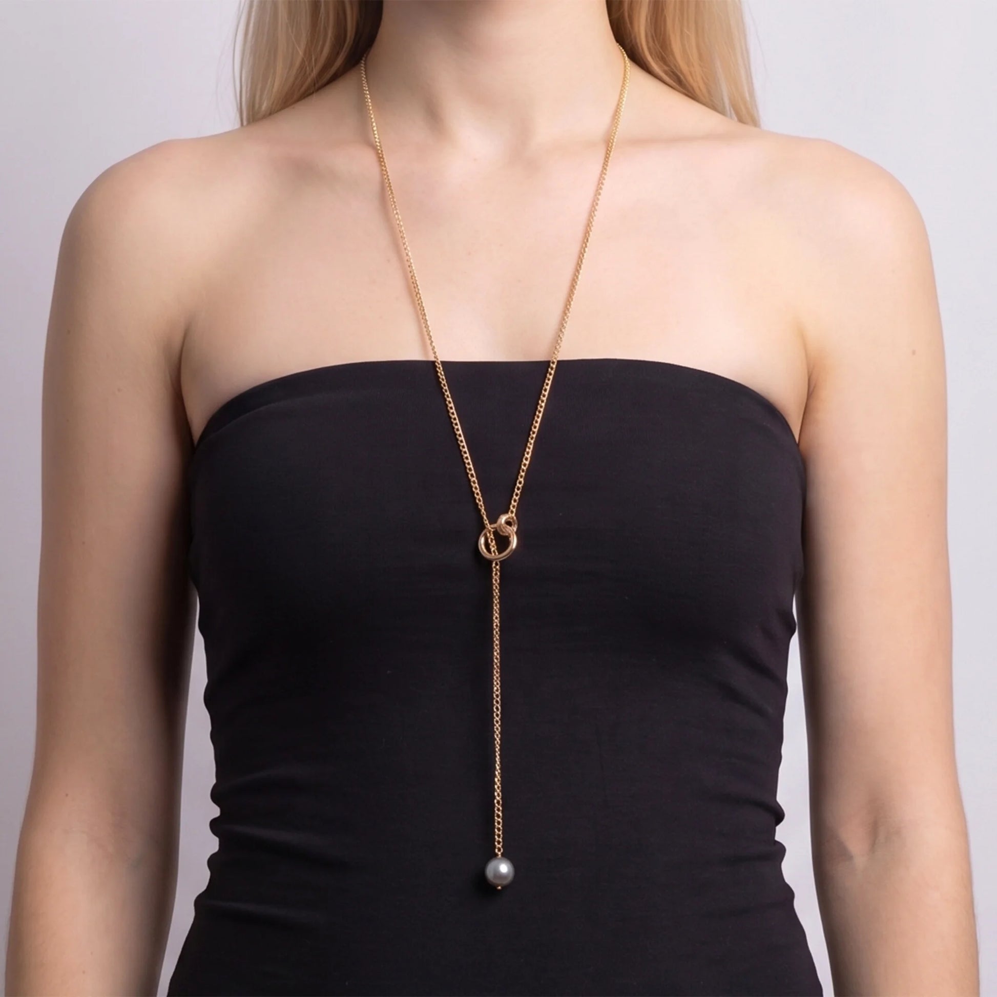 Collana a Cravatta Maglia Grumetta con Perla Grigia d'Acqua Dolce Ø 12/13 mm