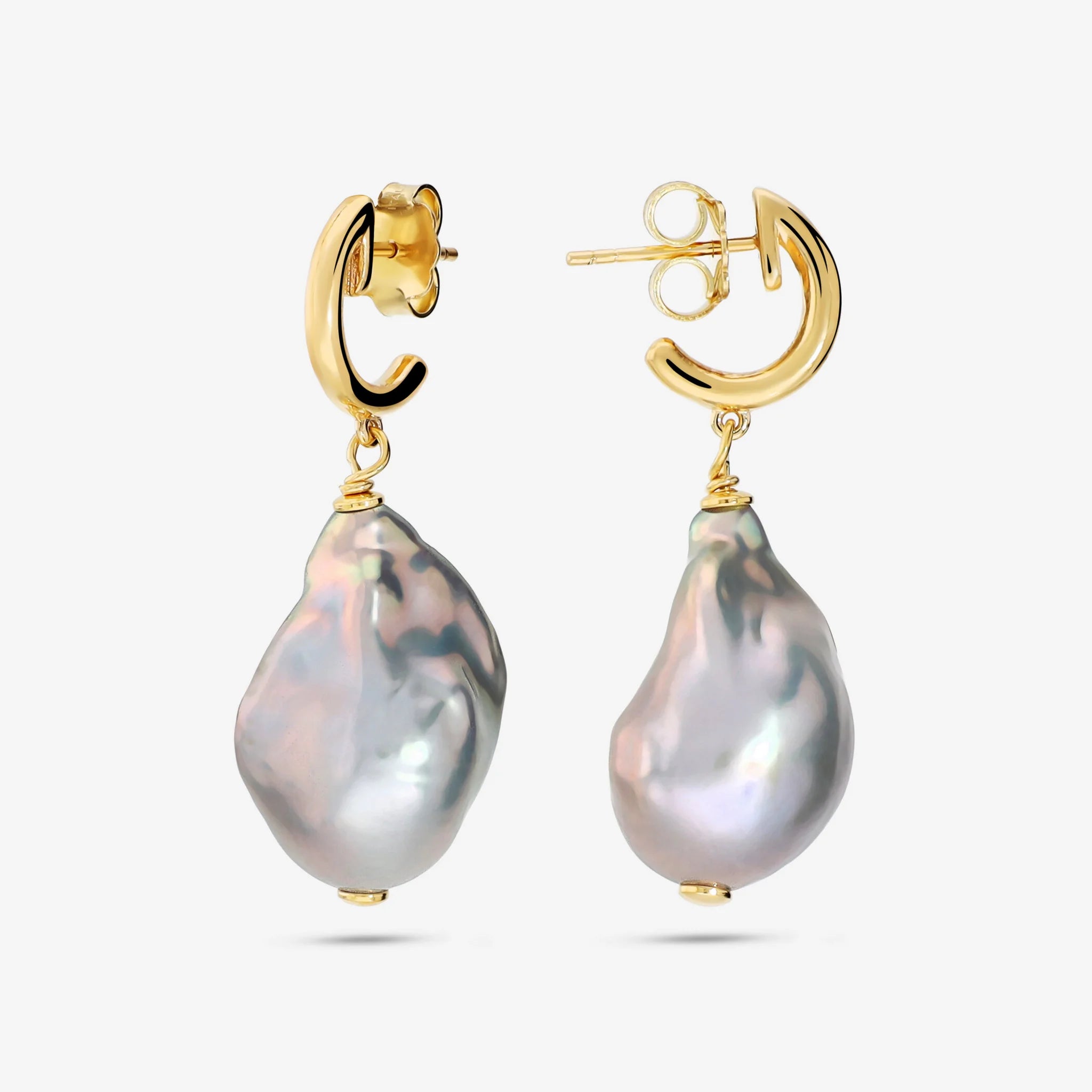 Orecchini Pendenti in Argento 925 placcato Oro Giallo 18Kt con Perla Scaramazza Grigia d'Acqua Dolce Ø 14/15 mm