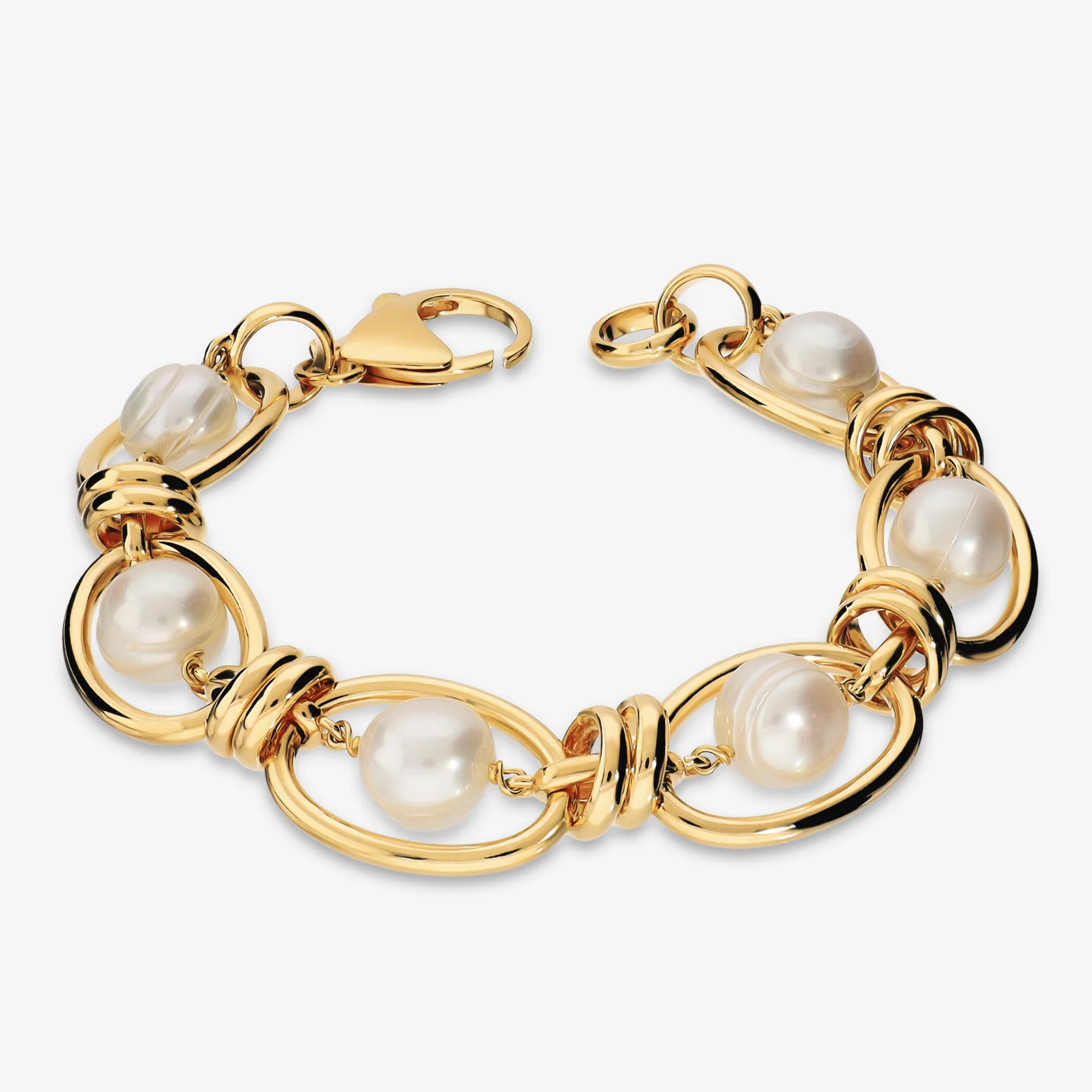 Bracciale Bold placcato Oro Giallo 18Kt con Maglie ovali e Perle Cerchiate Bianche d'Acqua Dolce Ø 10/11 mm
