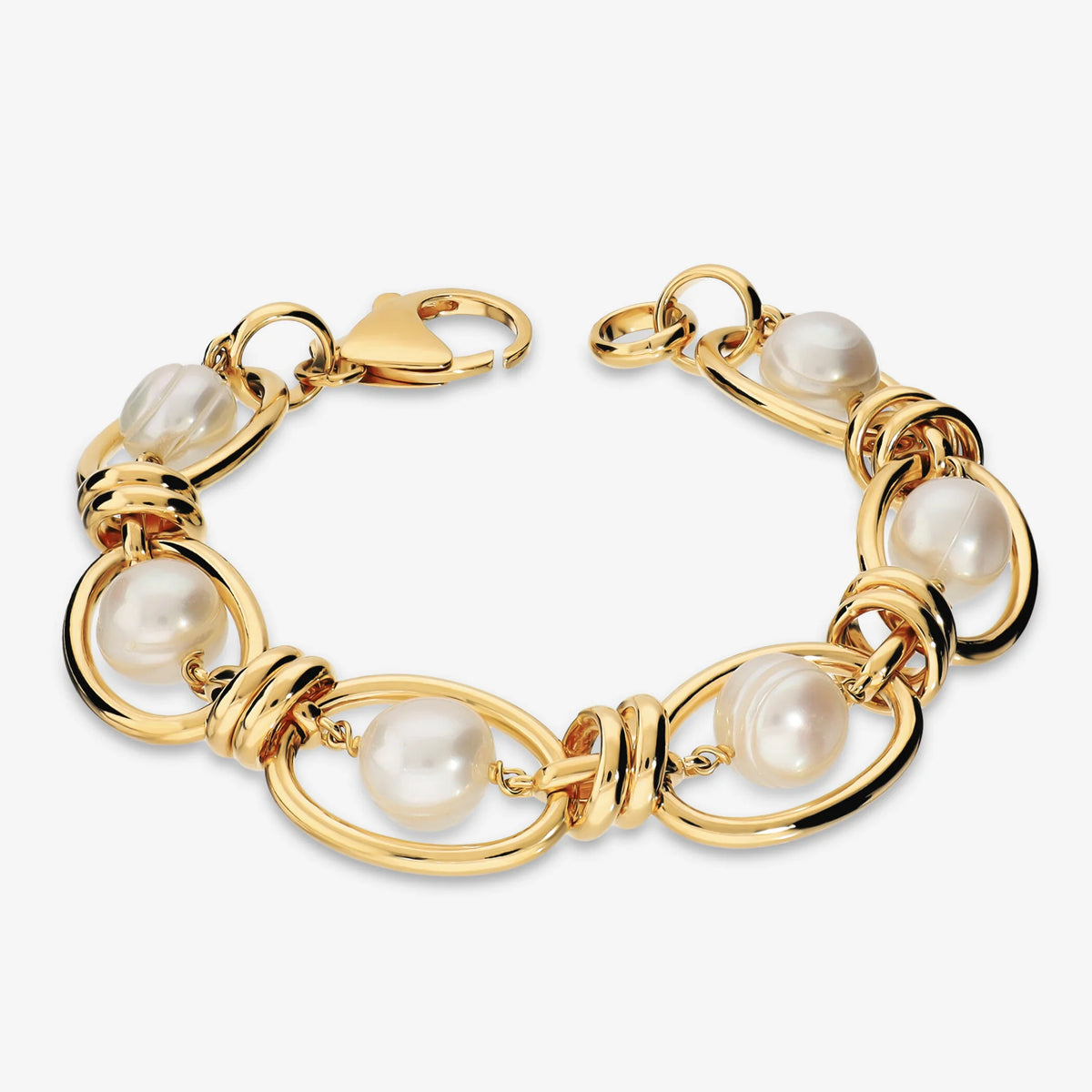 Bracciale Bold placcato Oro 18Kt con Perle Cerchiate Bianche d'Acqua Dolce Ø 10/11 mm
