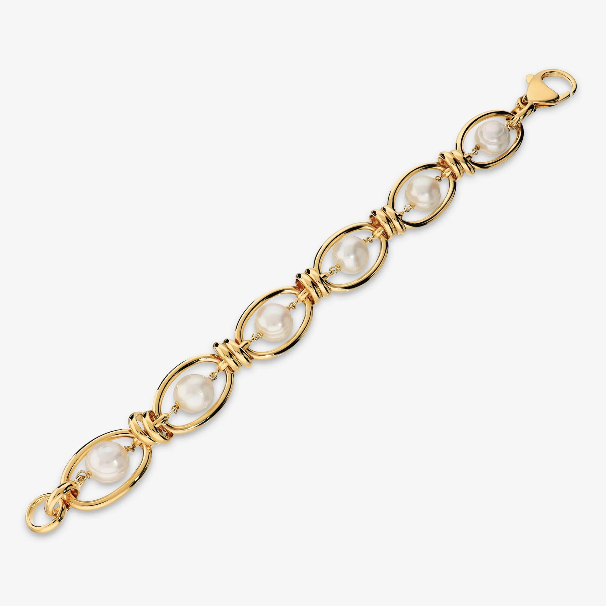 Bracciale Bold placcato Oro Giallo 18Kt con Maglie ovali e Perle Cerchiate Bianche d'Acqua Dolce Ø 10/11 mm