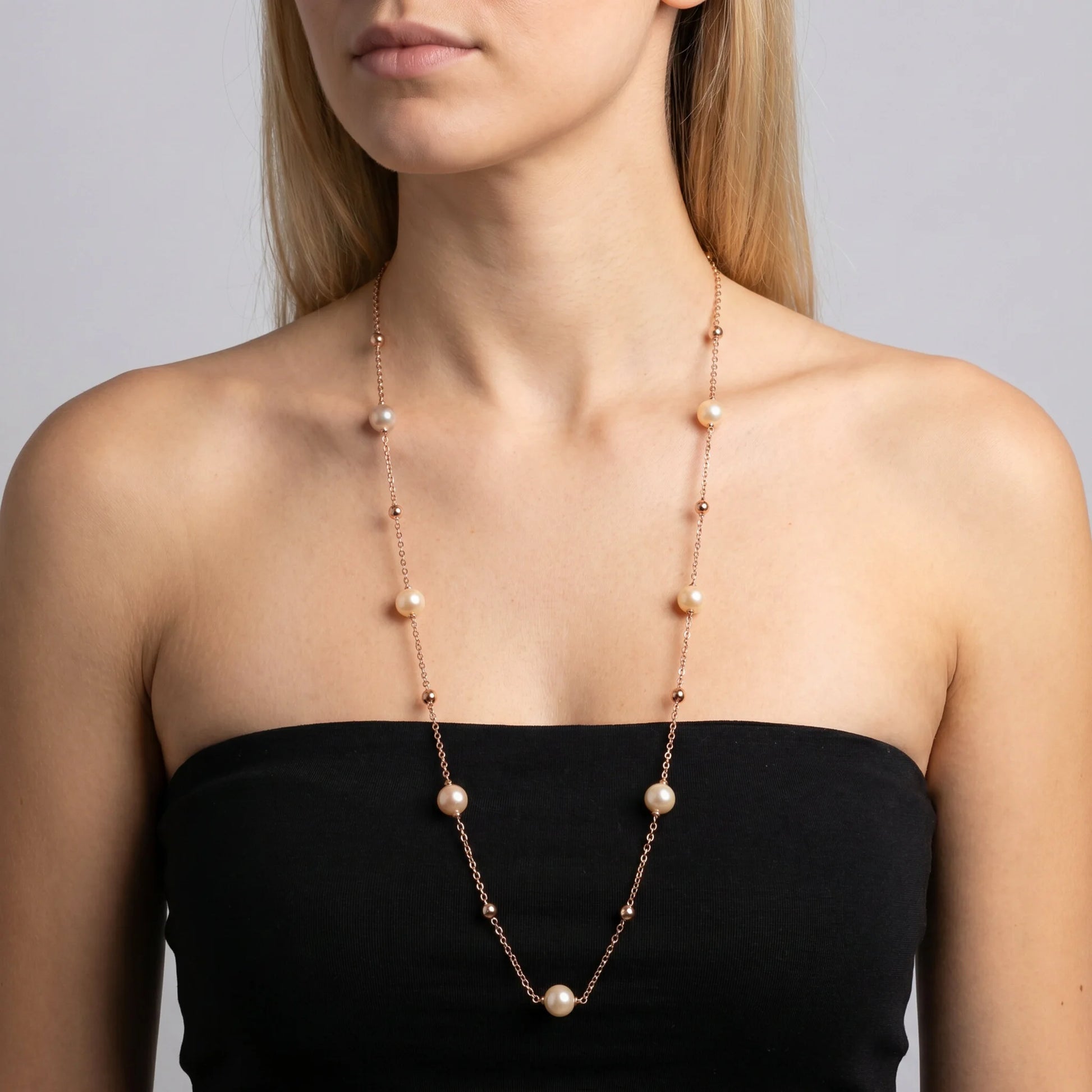 Collana Lunga Maglia Forzatina con Bead Lucide e Perle Ming Ø 11/12 mm