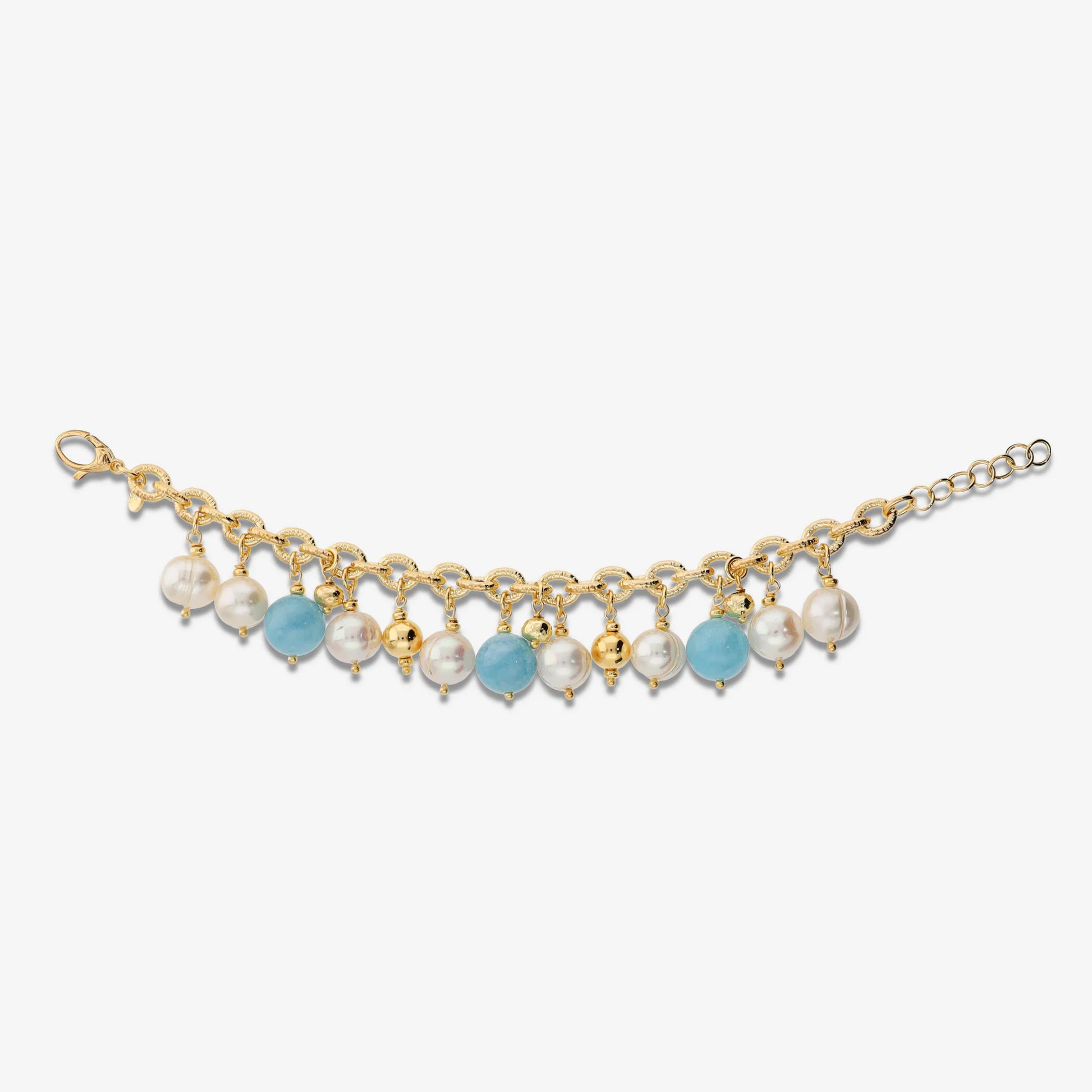 Bracciale con Ciondoli in Quarzite Azzurra e Perle d’Acqua Dolce Bianche Ø 11 mm