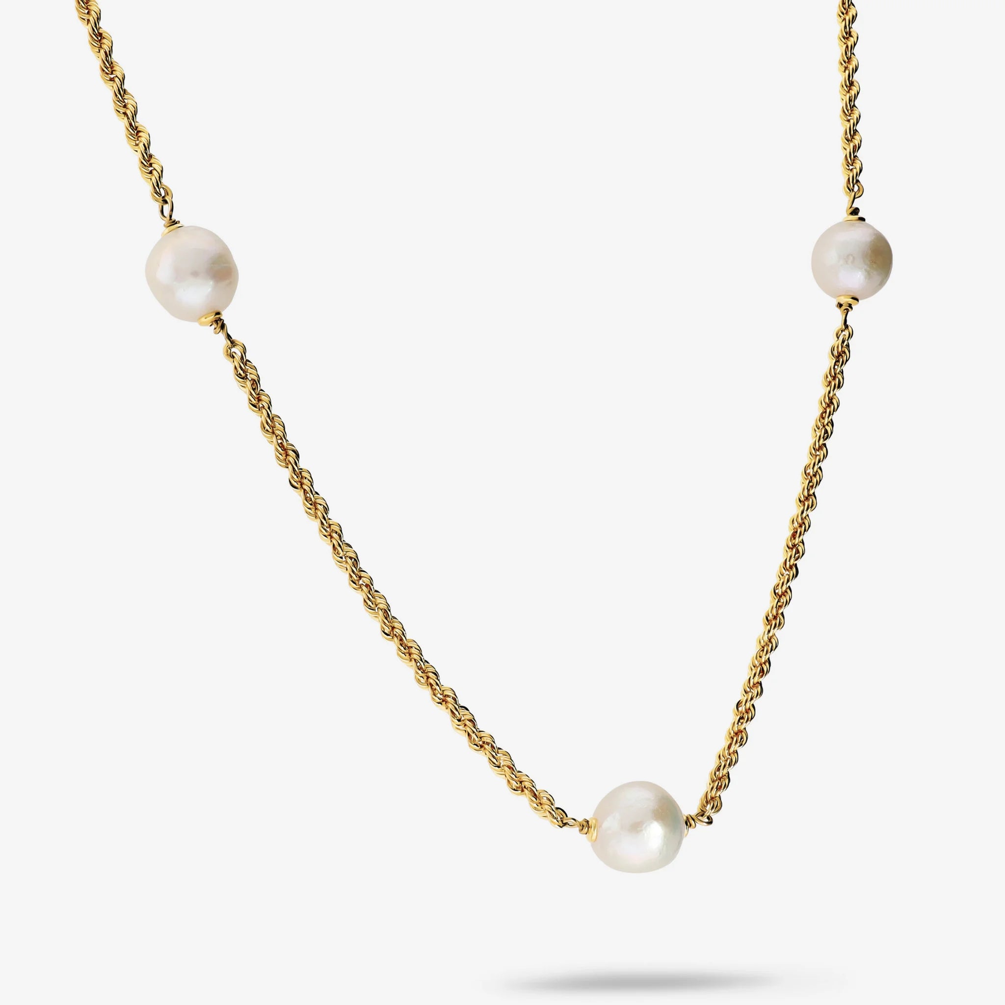 Collana lunga maglia corda placcata Oro 18Kt con Perle Ming Bianche d'Acqua Dolce Ø 10/11 mm