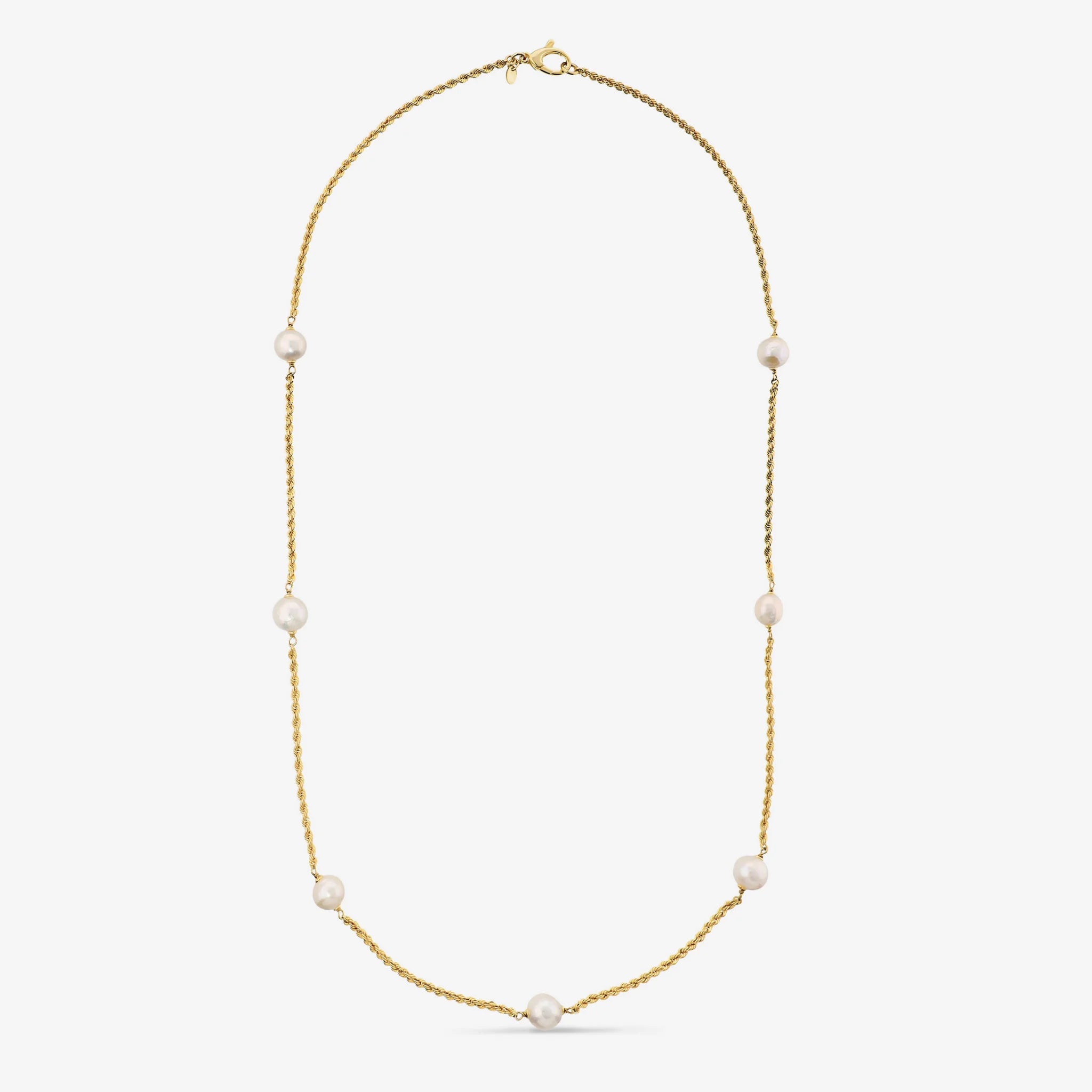 Collana lunga maglia corda placcata Oro 18Kt con Perle Ming Bianche d'Acqua Dolce Ø 10/11 mm