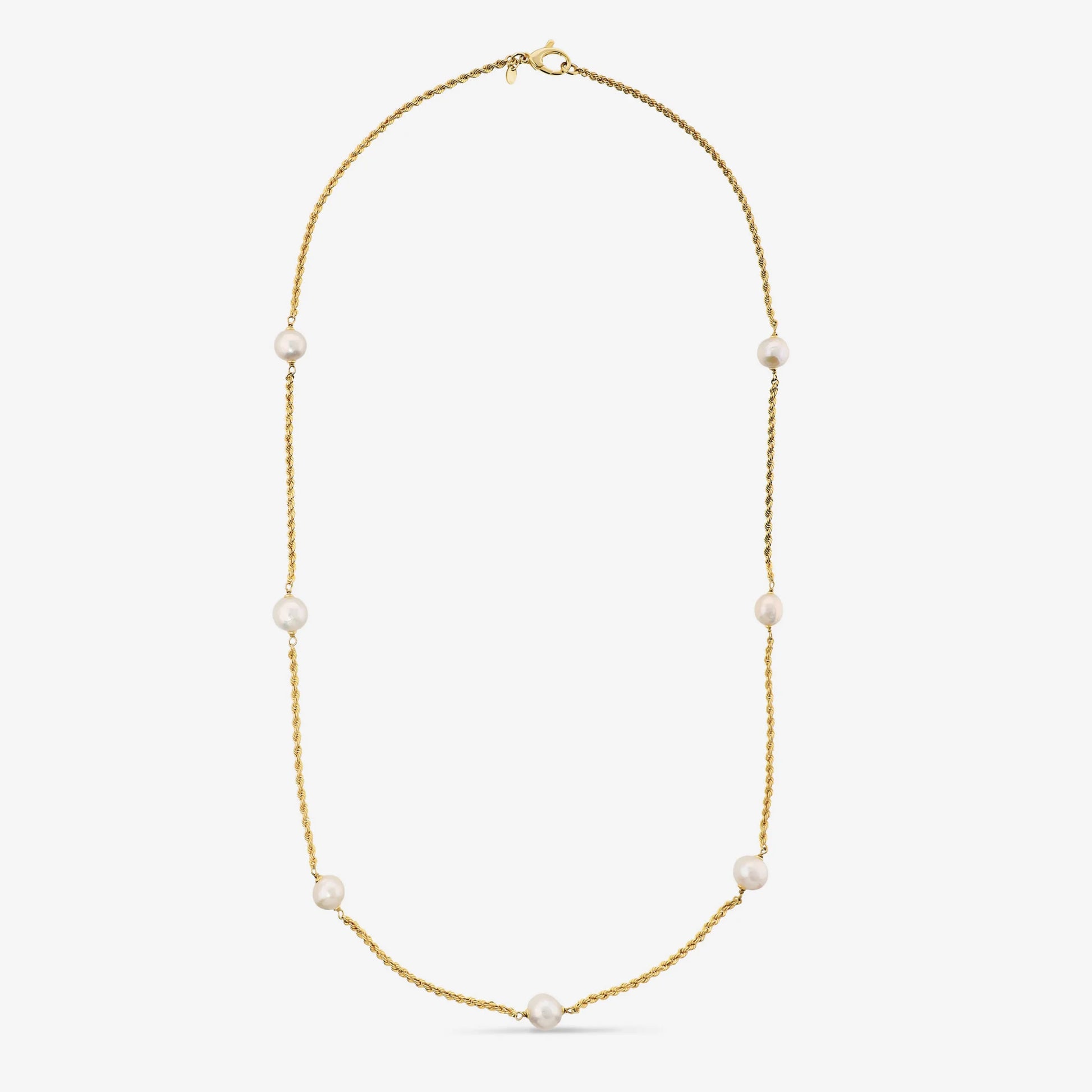 Collana lunga maglia corda placcata Oro 18Kt con Perle Ming Bianche d'Acqua Dolce Ø 10/11 mm