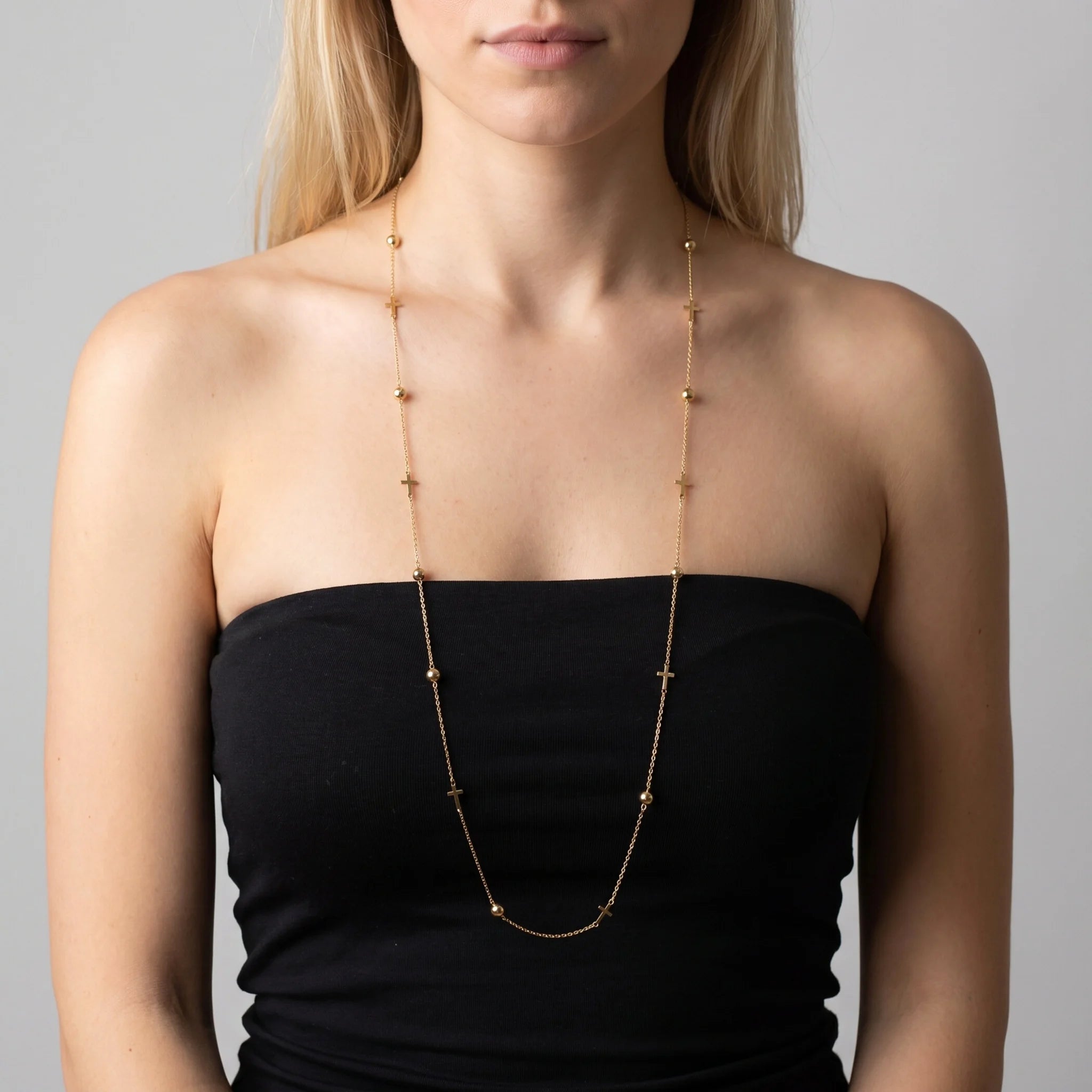 Collana Lunga in Argento 925 placcato Oro Giallo 18kt con Bead e Croci Alternate