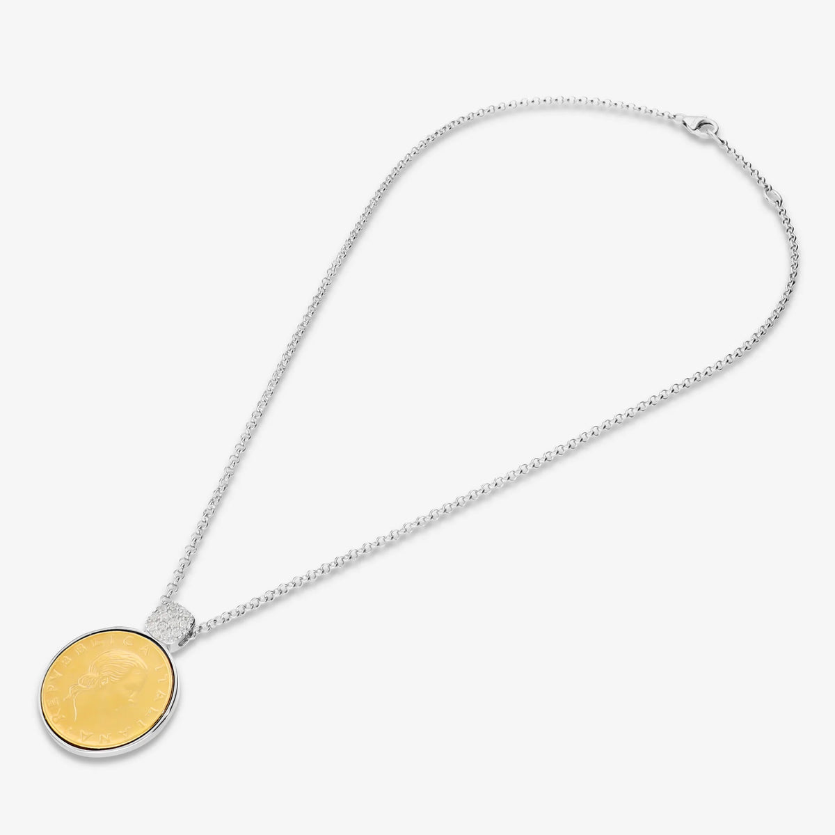 Collana matinée in Argento 925 placcato Platino con Moneta autentica da 200 Lire e cubic zirconia