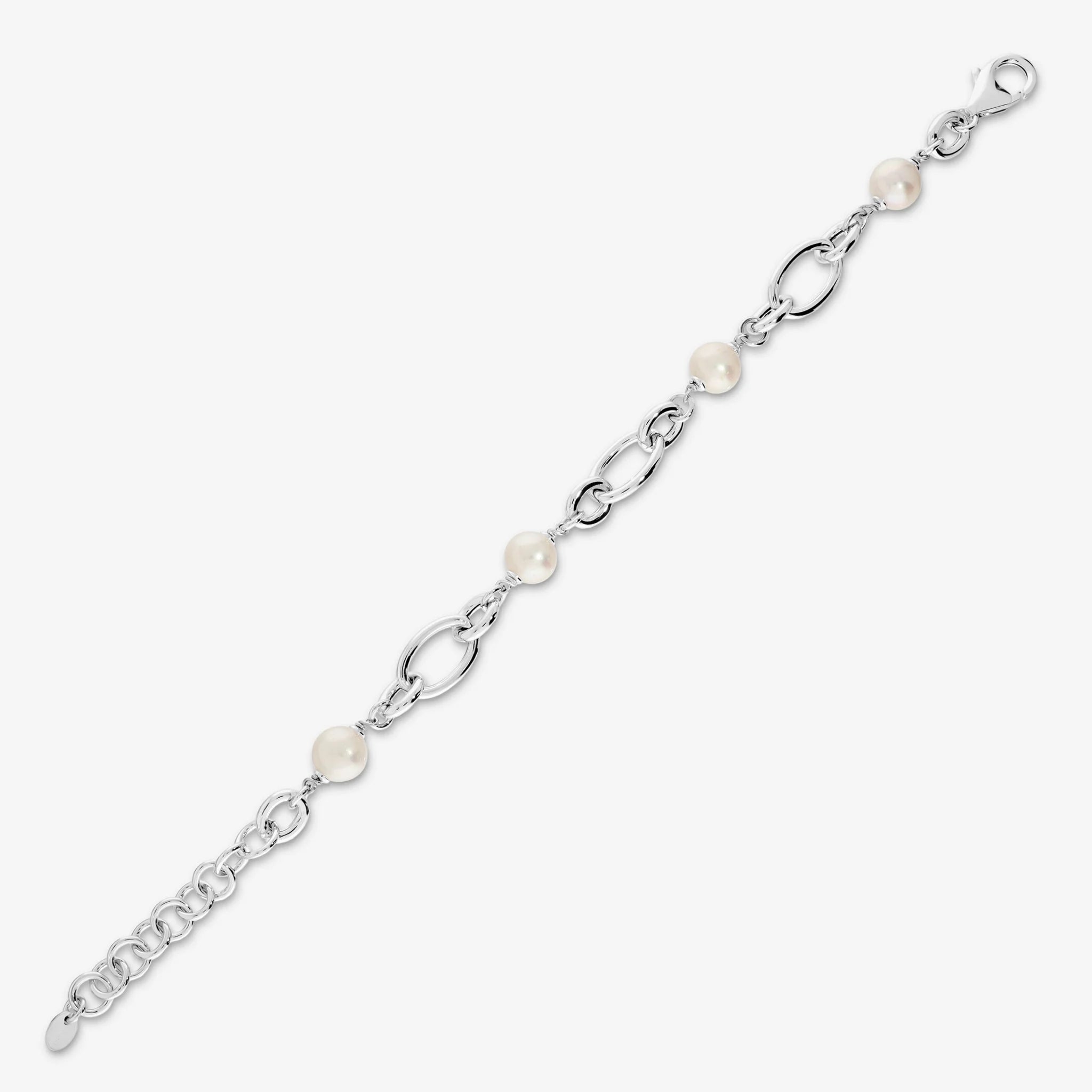 Bracciale placcato Oro Bianco 18Kt con Maglie Ovali e Perle Bianche Ø 8/9mm
