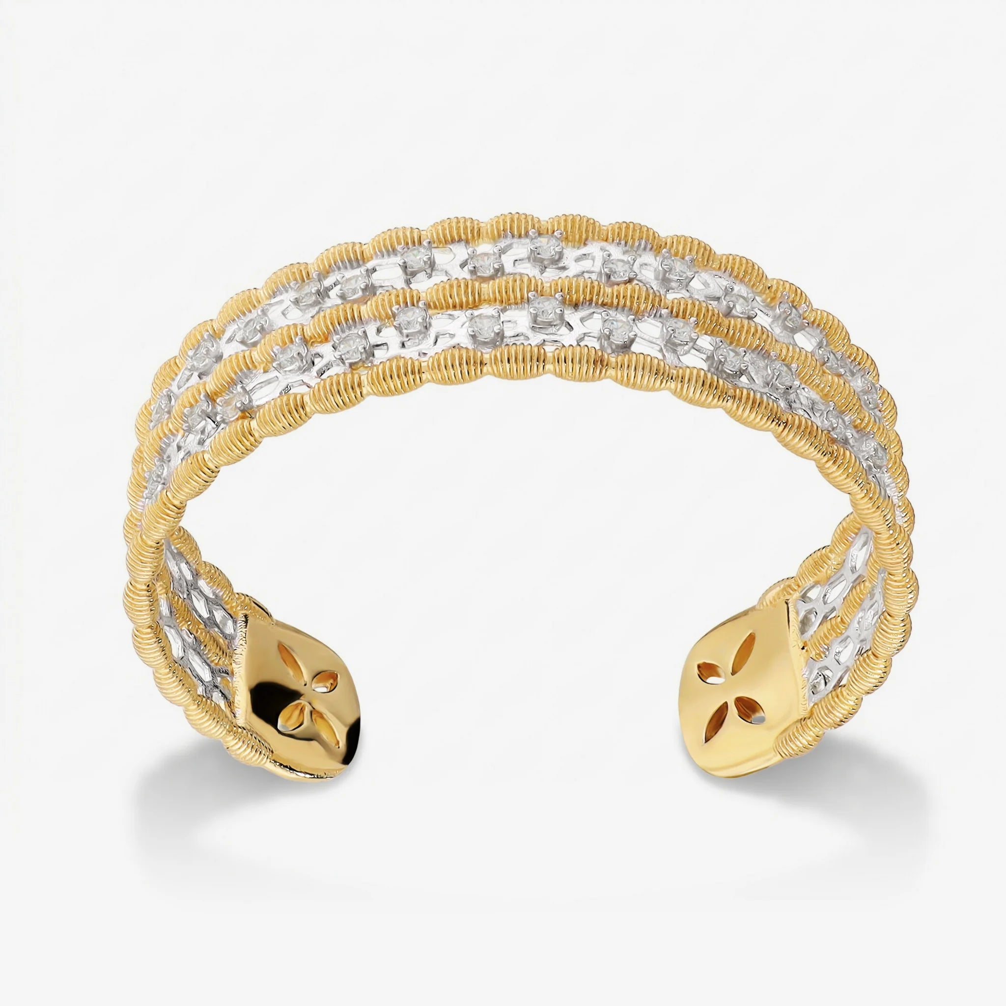 Bracciale Rigido Traforato in Argento 925 placcato oro Giallo e Bianco 18kt con Topazi Bianchi