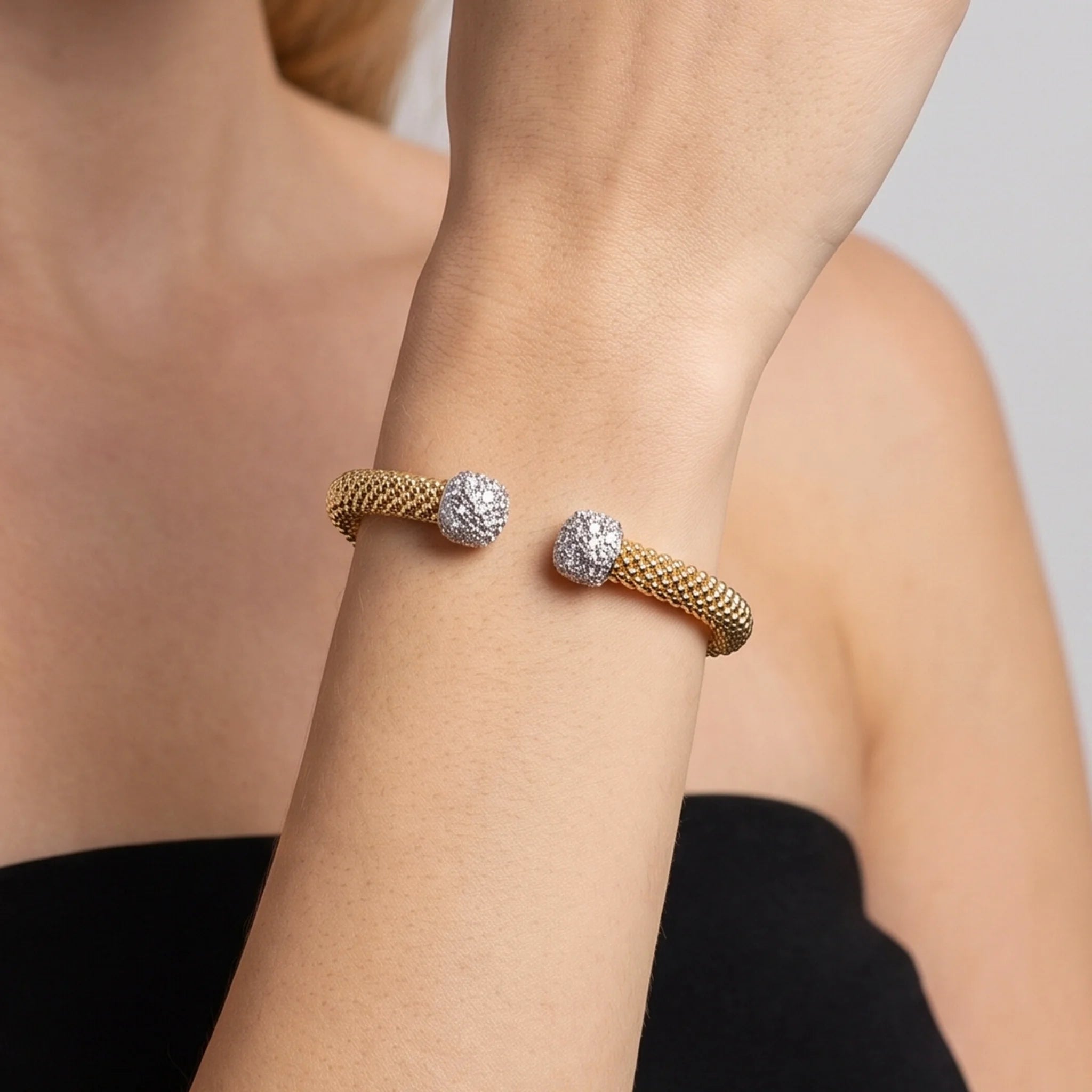 Bracciale Semirigido Maglia Popcorn placcato Oro 18kt con Pavé di Cubic Zirconia