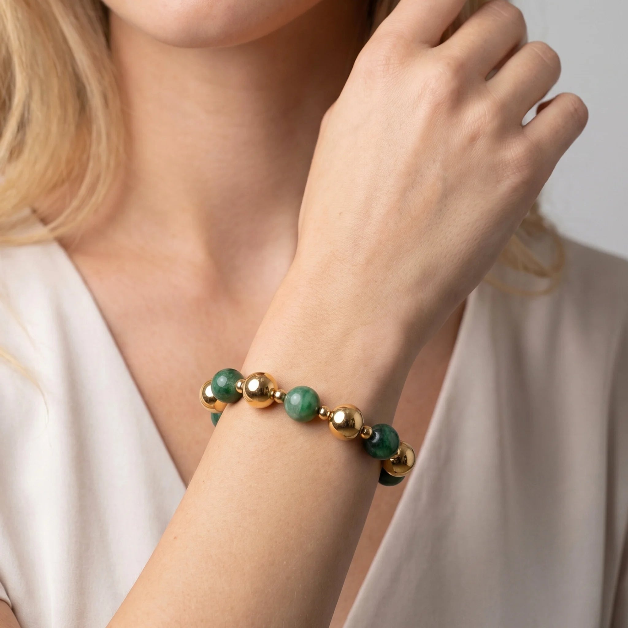 Bracciale con Bead Lucide e Pietre Naturali di Agata Verde placcato Oro Giallo 18kt