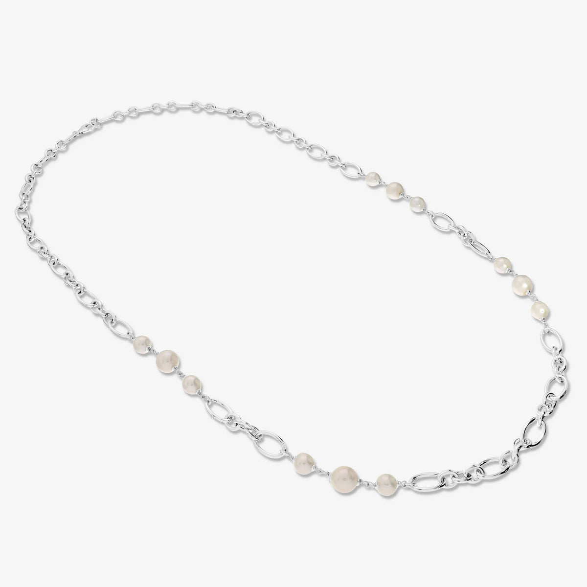 Collana Lunga placcata Oro Bianco 18Kt con Maglie Ovali e Perle Bianche d'Acqua Dolce Ø 8-11 mm