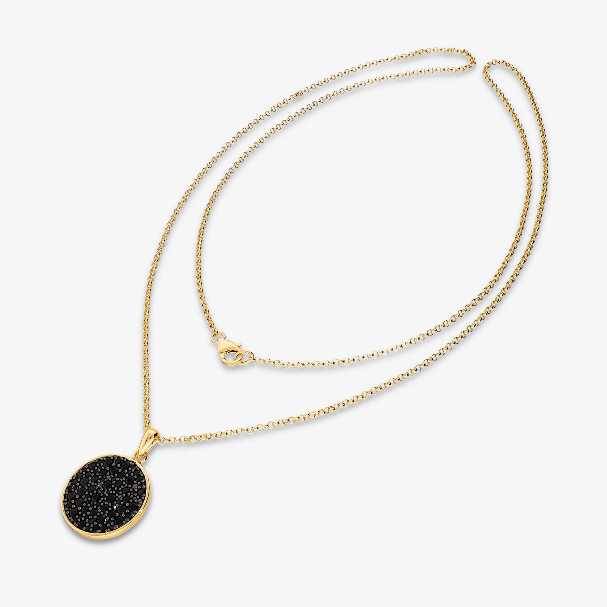 Collana Lunga placcata Oro Giallo 18Kt con Pendente a Disco in Pavé di Spinelli Neri