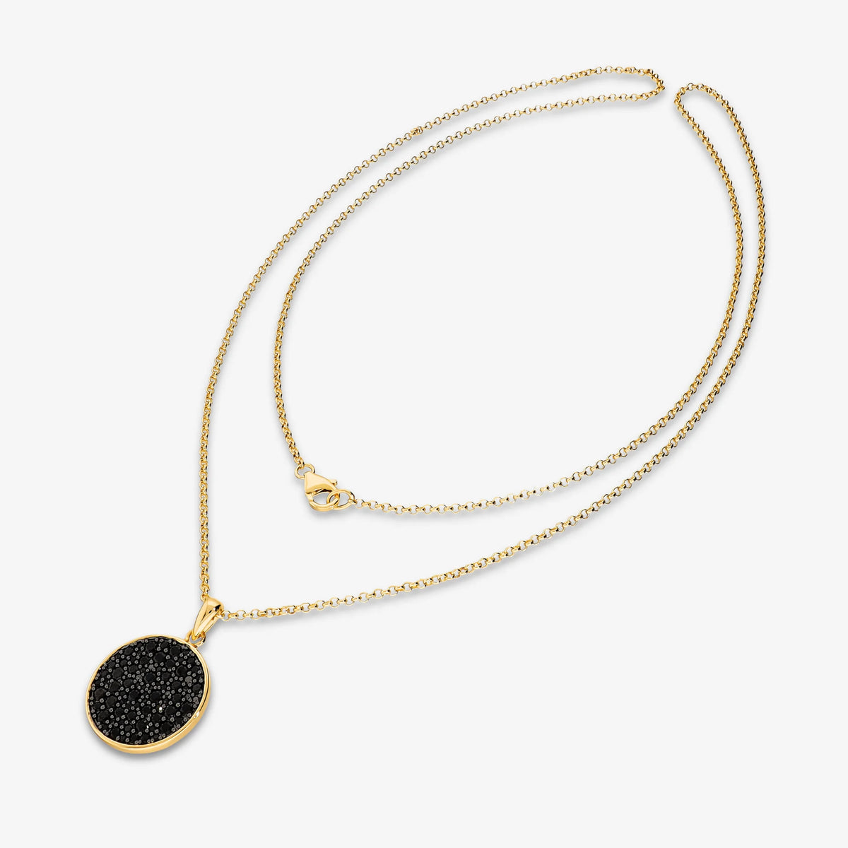 Collana Lunga placcata Oro Giallo 18Kt con Pendente a Disco in Pavé di Spinelli Neri