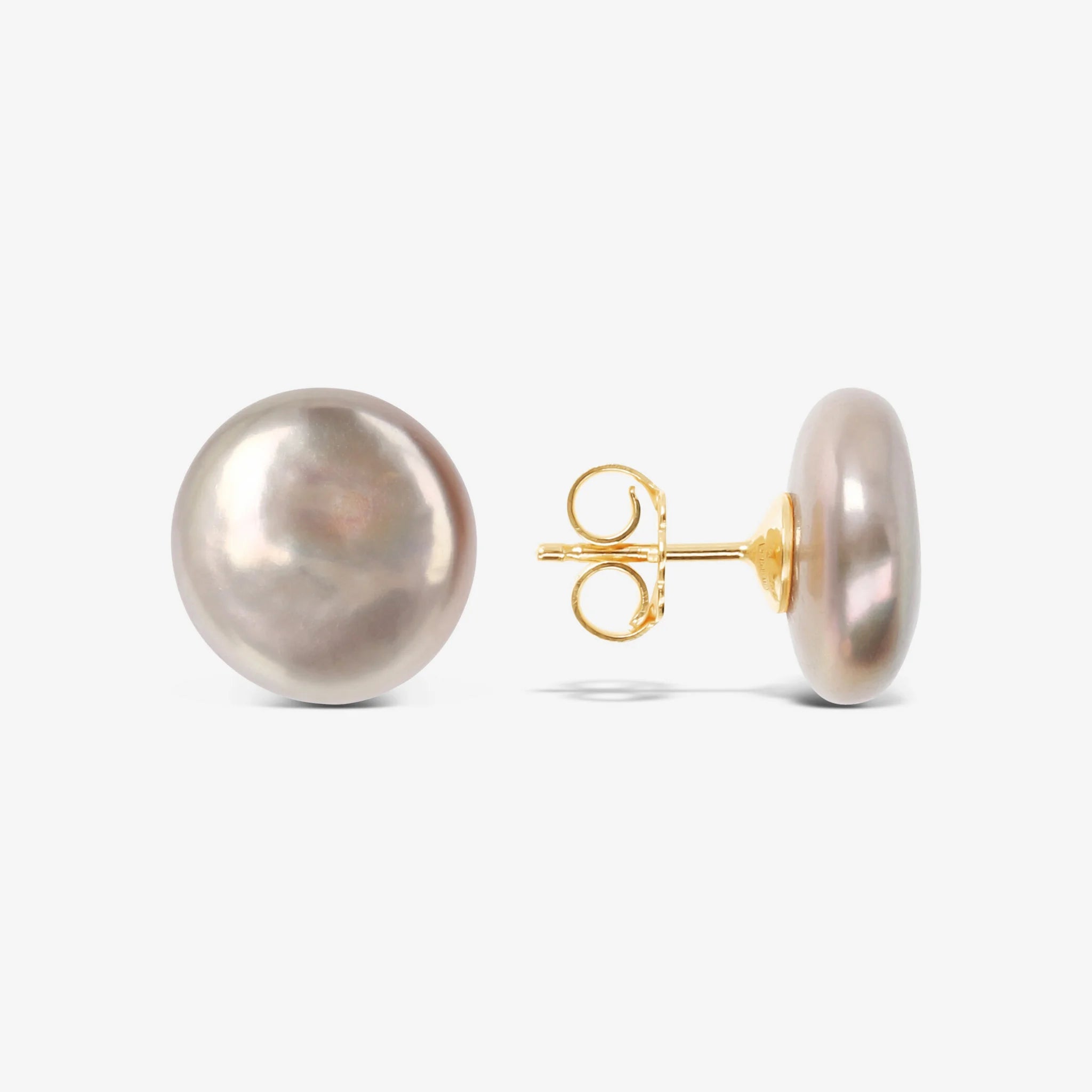 Orecchini a Bottone in Argento 925 placcato Oro 18Kt con Perle Coin d'Acqua Dolce Ø 13/14 mm