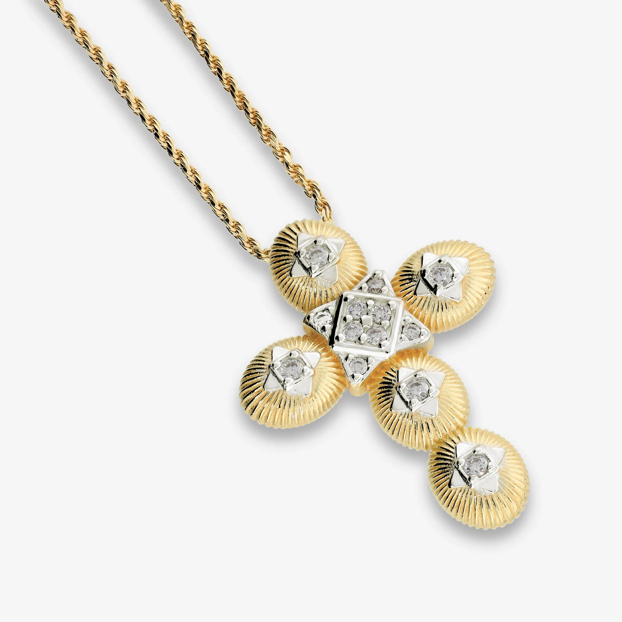 Collana Matinée in Argento 925 placcato Oro Giallo 18kt con Maglia Corda e Pendente Croce con Topazi Bianchi