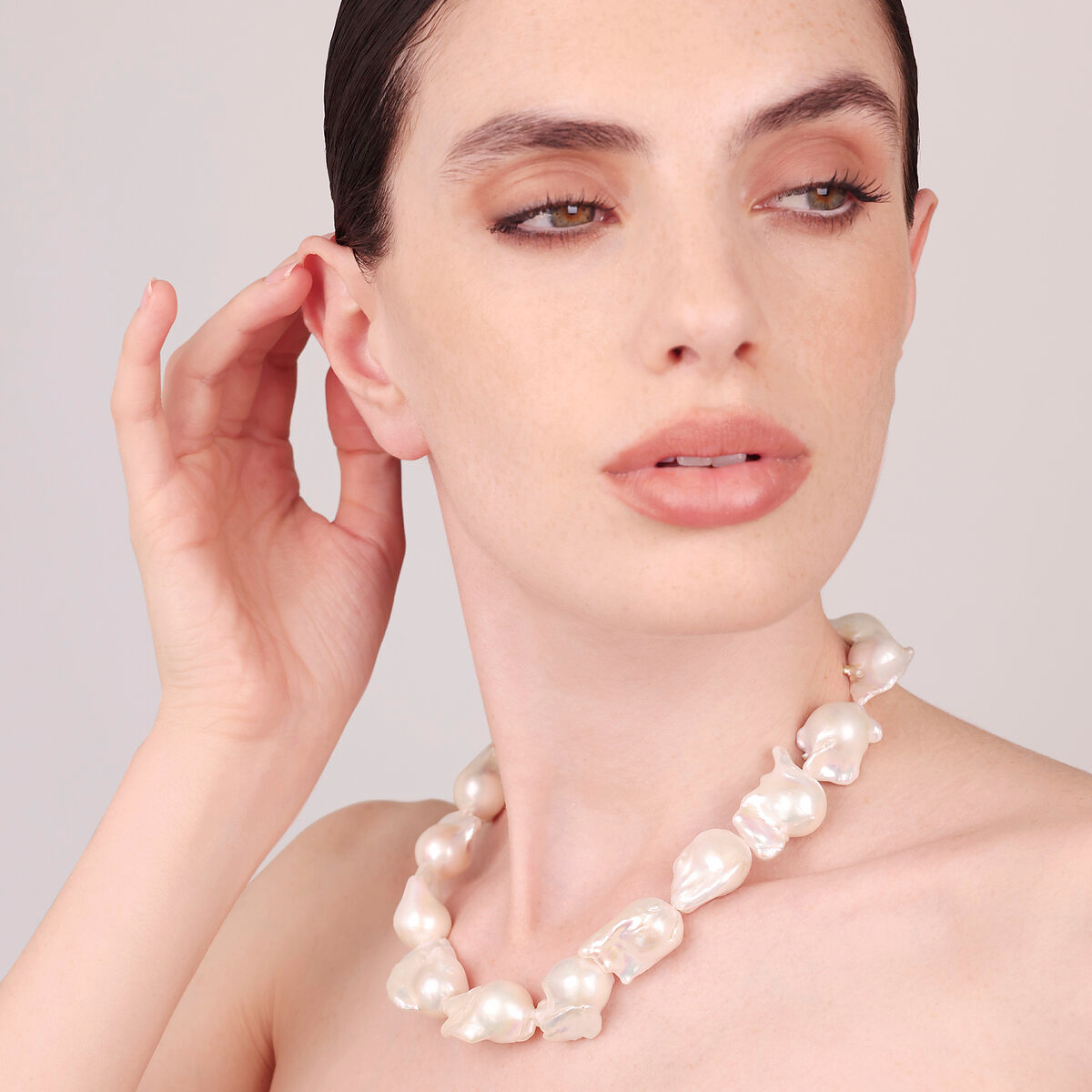 Collier Ras du Cou en Argent 925 Plaqué Or Jaune 18 Carats avec Perles Scaramazze d'eau Douce Blanches Ø 13/14 mm