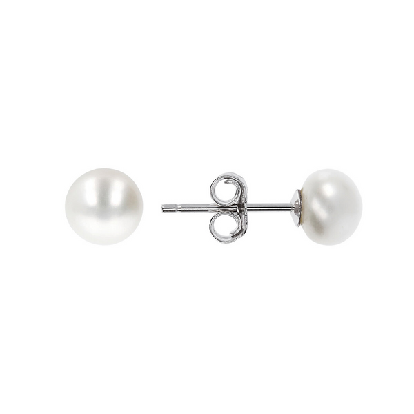 Boucles d'oreilles avec boutons en perles d'eau douce blanches Ø 6/6,5 mm en argent 925 plaqué or blanc 18 carats