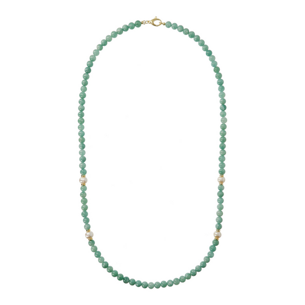 Collier Sautoir avec Quartzite Verte et Perles d'Eau Douce Blanches Ø 9/10 mm en Argent 925 Plaqué Or Jaune 18 Carats