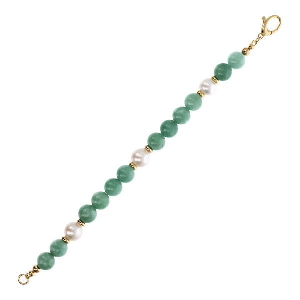 Armband mit grünem Quarzit und weißen Süßwasserperlen Ø 10/11 mm aus 18 Karat Gelbgold vergoldetem 925er Silber