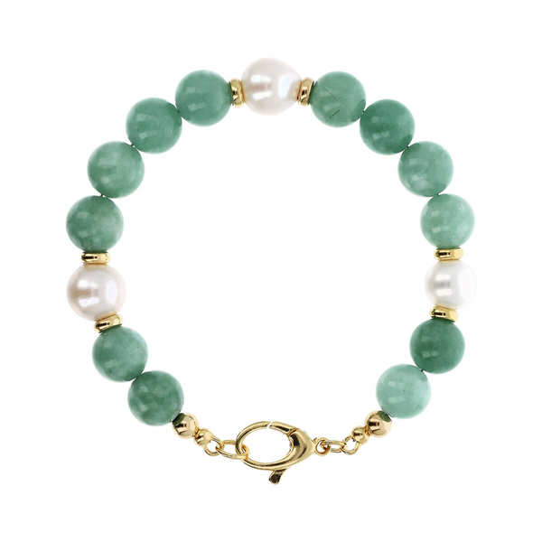 Bracelet avec Quartzite Verte et Perles d'Eau Douce Blanches Ø 10/11 mm en Argent 925 Plaqué Or jaune 18 carats