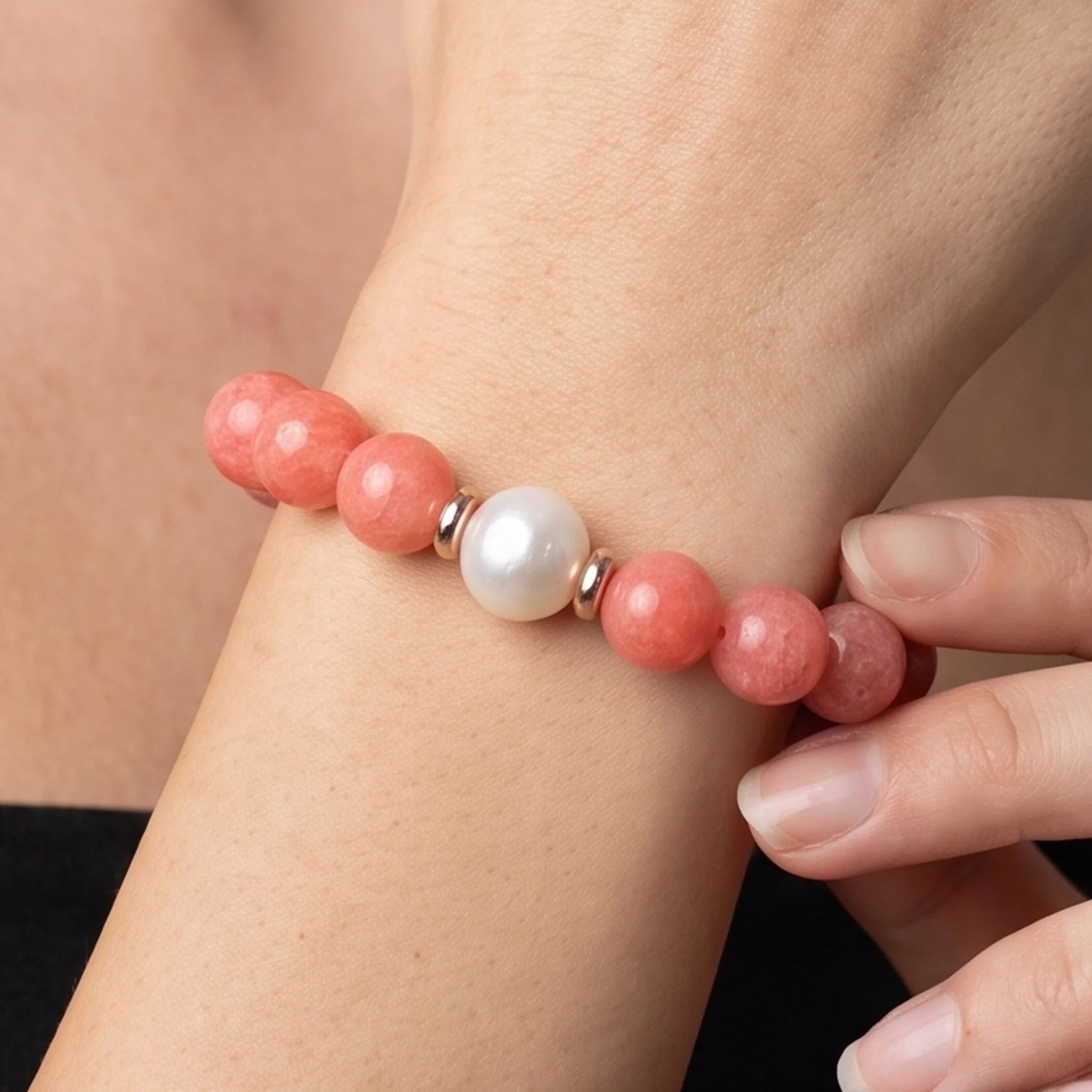 Bracciale con Quarzite Corallo e Perle d'Acqua Dolce Bianche Ø 10/11 mm