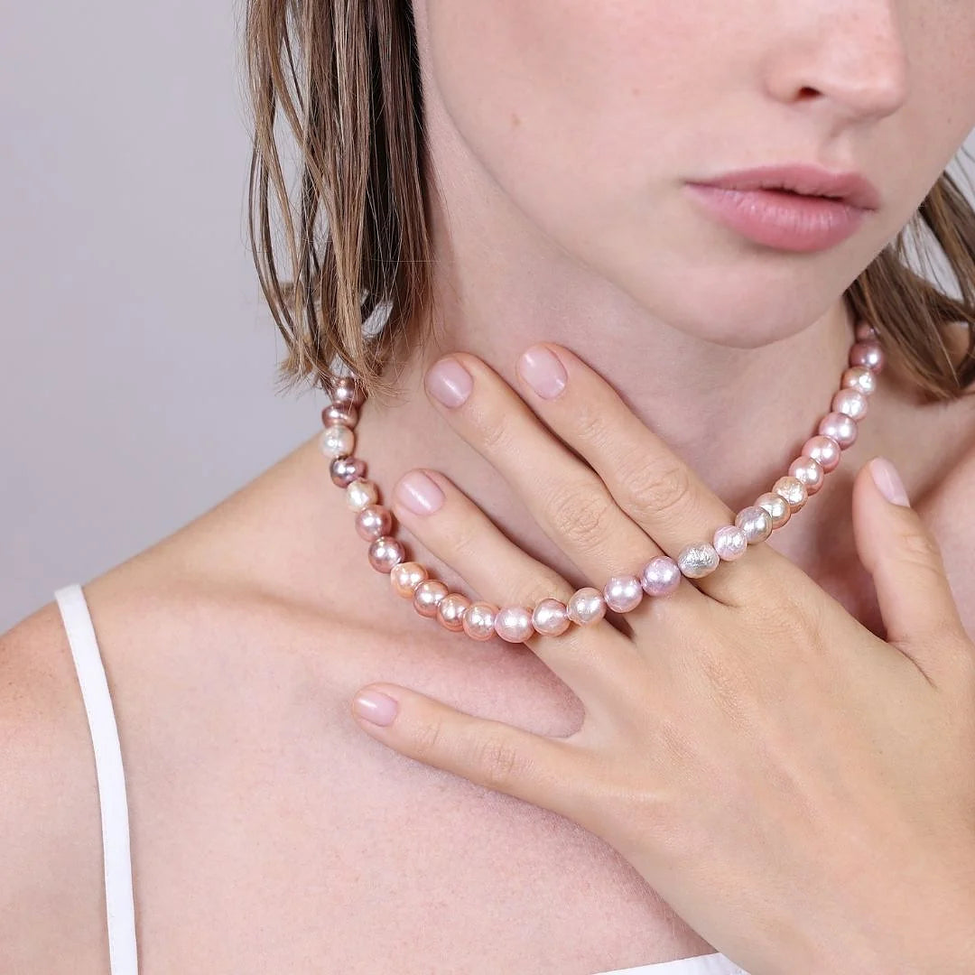 Necklace in 925 Sterling Silver 18Kt Rose Gold Plated with Mini Freshwater Multicolor Baroque Ming Pearls Ø 6/7 mm