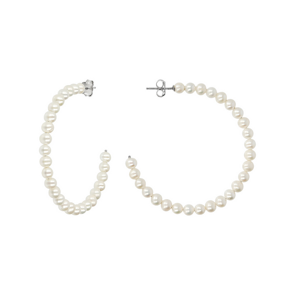 Hoop Earrings in 925 Sterling Silver 18Kt White Gold Plated with White Freshwater Pearls Ø 4/4.5 mm