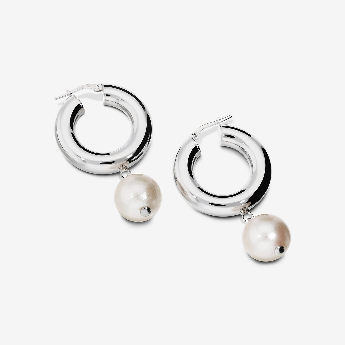 Orecchini a Cerchio in Argento 925 placcato Oro Bianco 18Kt con Perle Ming Bianche d'Acqua Dolce Ø 12/13 mm