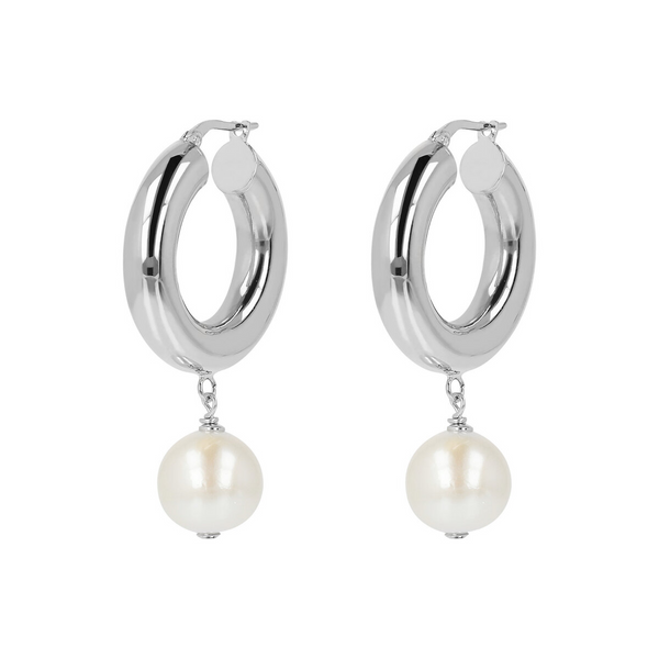 Boucles d'oreilles créoles avec perles d'eau douce Ming blanches Ø 12/13 mm en argent 925 plaqué or blanc 18 carats