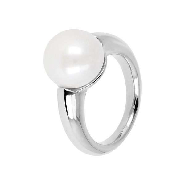 Solitaire Ring with White Freshwater Button Pearl Ø 12 mm in 18Kt White Gold Plated 925 Silver