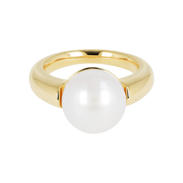 Solitaire Ring with White Freshwater Button Pearl Ø 12 mm in 18Kt Yellow Gold Plated 925 Silver