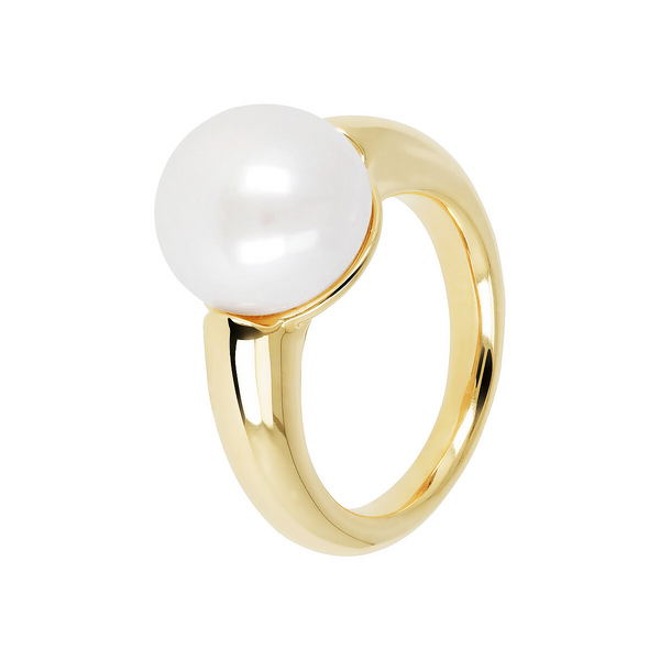 Solitaire Ring with White Freshwater Button Pearl Ø 12 mm in 18Kt Yellow Gold Plated 925 Silver