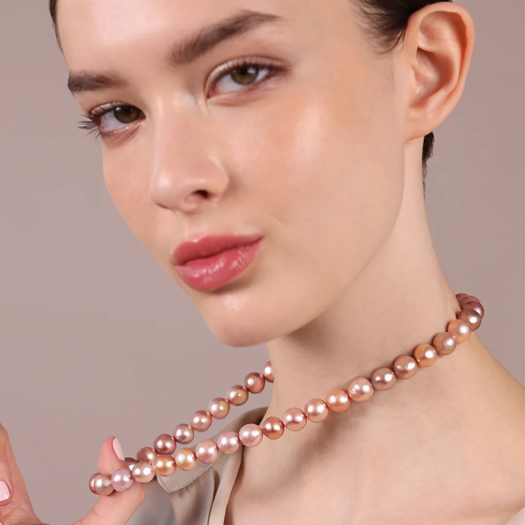 Collier en argent 925 plaqué or blanc 18Kt avec perles d'eau douce Mauve Ming Ø 9/10 mm