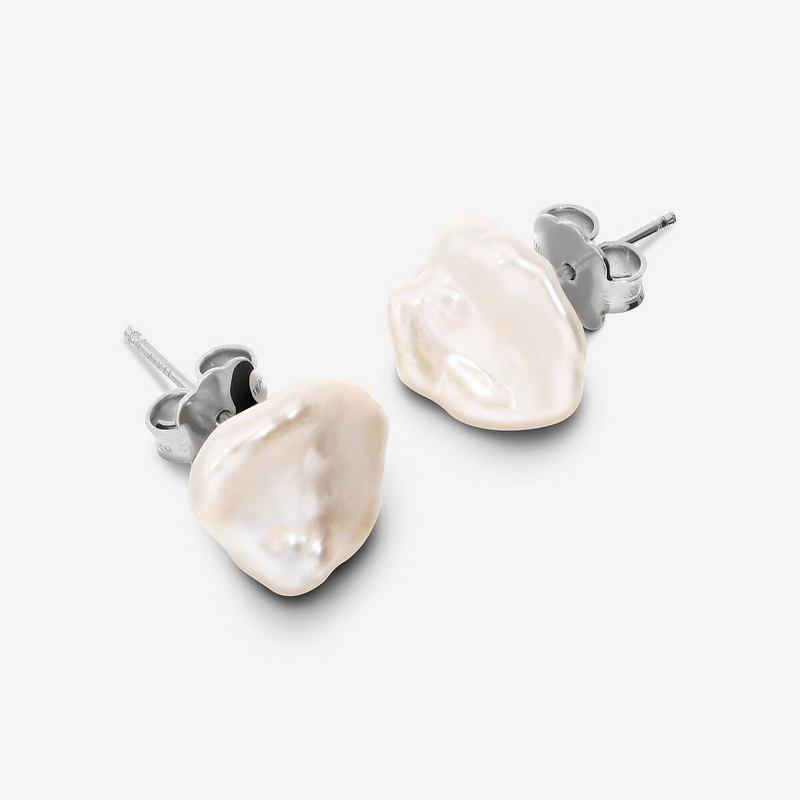 Orecchini a Bottone in Argento 925 placcato Oro 18Kt con Perle Keshi Bianche d'Acqua Dolce Ø 10 mm