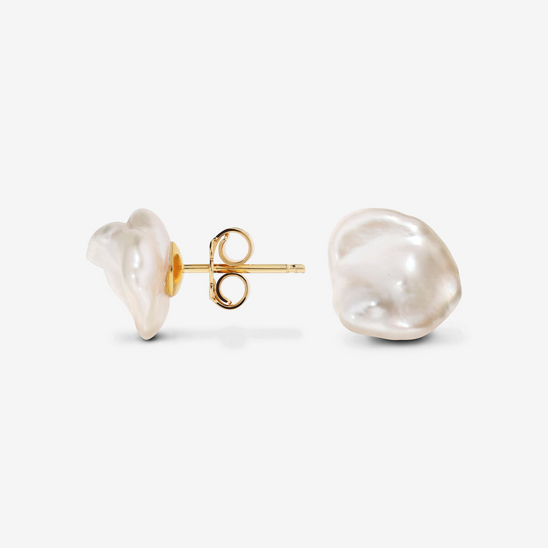Orecchini a Bottone in Argento 925 placcato Oro 18Kt con Perle Keshi Bianche d'Acqua Dolce Ø 10 mm