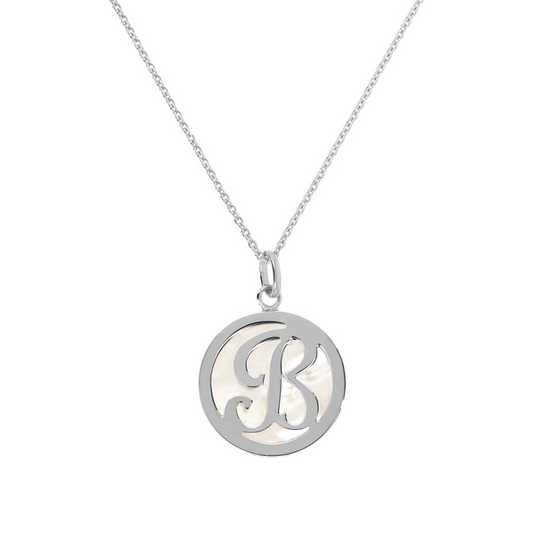 Crew-neck Necklace with White Mother-of-Pearl Pendant and White Gold Plated Initial