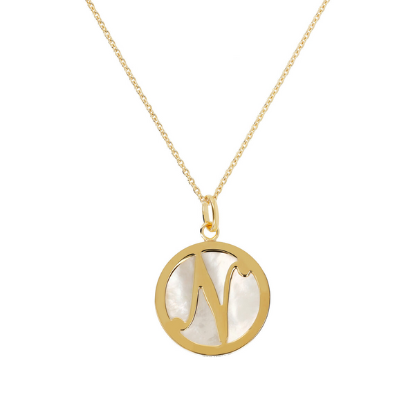 Crew-neck Necklace with White Mother-of-Pearl Pendant and Yellow Gold Plated Initial