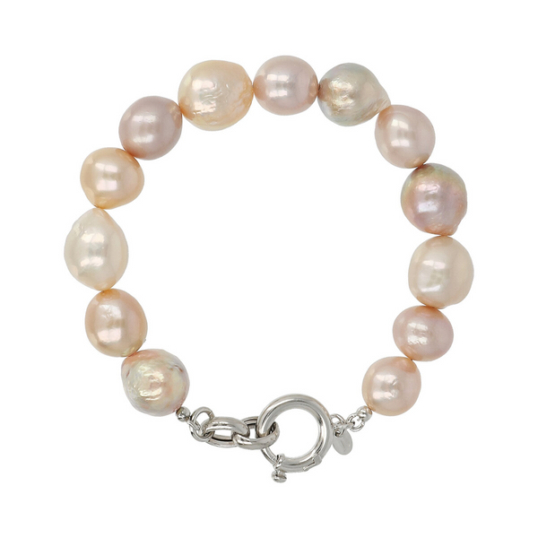 Bracelet with Multicolored Baroque Ming Freshwater Pearls Ø 11/12 mm in 18Kt White Gold Plated 925 Silver