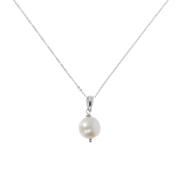 Collier Rond Pendentif Perle d'Eau Douce Blanche Ming Plaqué Or Blanc Ø 12/13 mm et Chaîne Brillante